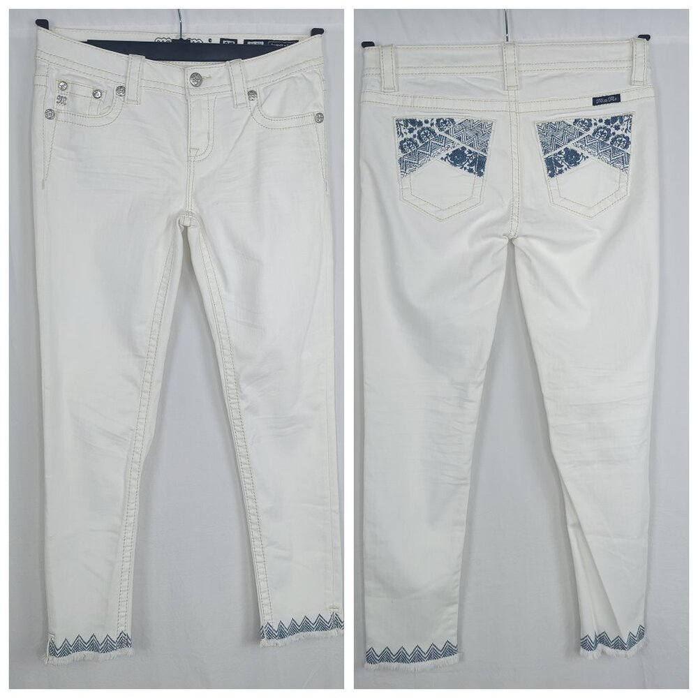 Miss Me White Jeans 27 Mid Rise Ankle Skinny Blue Embroidery